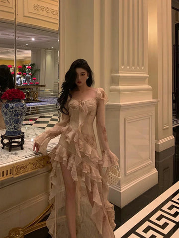 Niulatu High Low Sweetheart Long Sleeves Floral Ruffles Chiffon Prom Dresses Birthday Outfits SD296